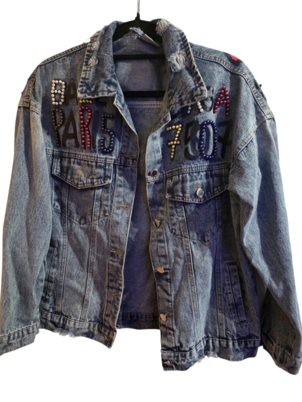 Custom Y2K Graffiti Denim Jacket Rhinestone Teddy Bear Paris Distressed Size S